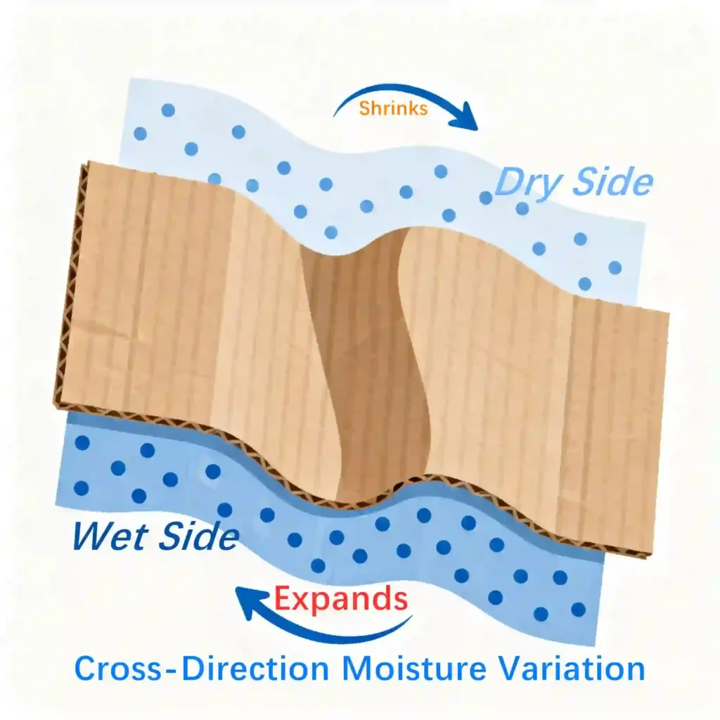 Visual explanation of board warping causes and solutions: the 'tug-of-war' created by moisture imbalance. Diagram showing board warping causes and solutions: moisture imbalance between liner and medium creating internal stress.