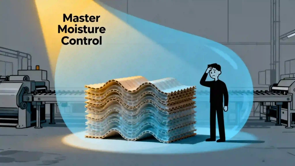 A conceptual illustration of a factory manager frustrated by severely warped corrugated board, symbolizing the costly problem of ineffective moisture control that leads to production waste and downtime.