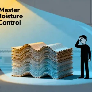 A conceptual illustration of a factory manager frustrated by severely warped corrugated board, symbolizing the costly problem of ineffective moisture control that leads to production waste and downtime.