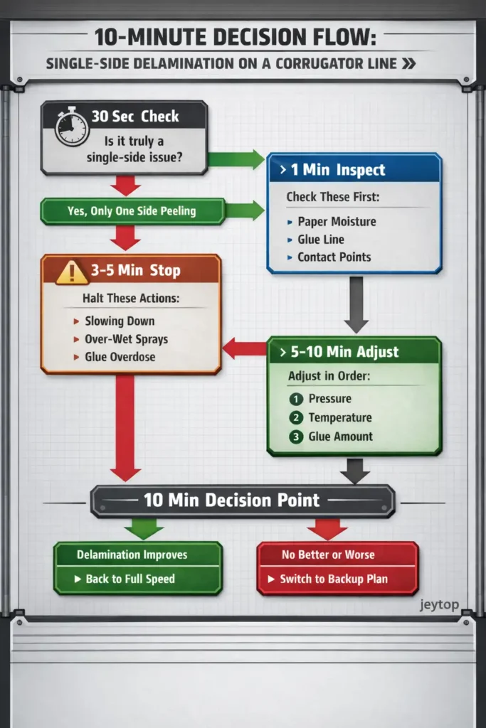 10 minute decision flowchart for single side delamination on a corrugator line