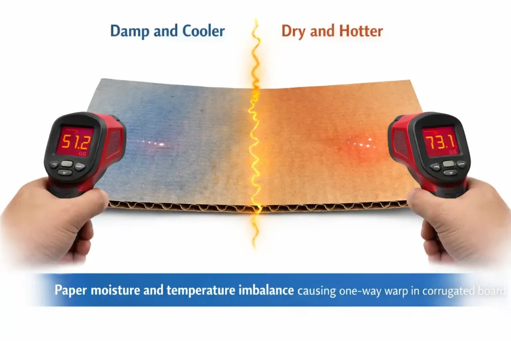 Paper moisture and temperature imbalance causing one-way warp in corrugated board