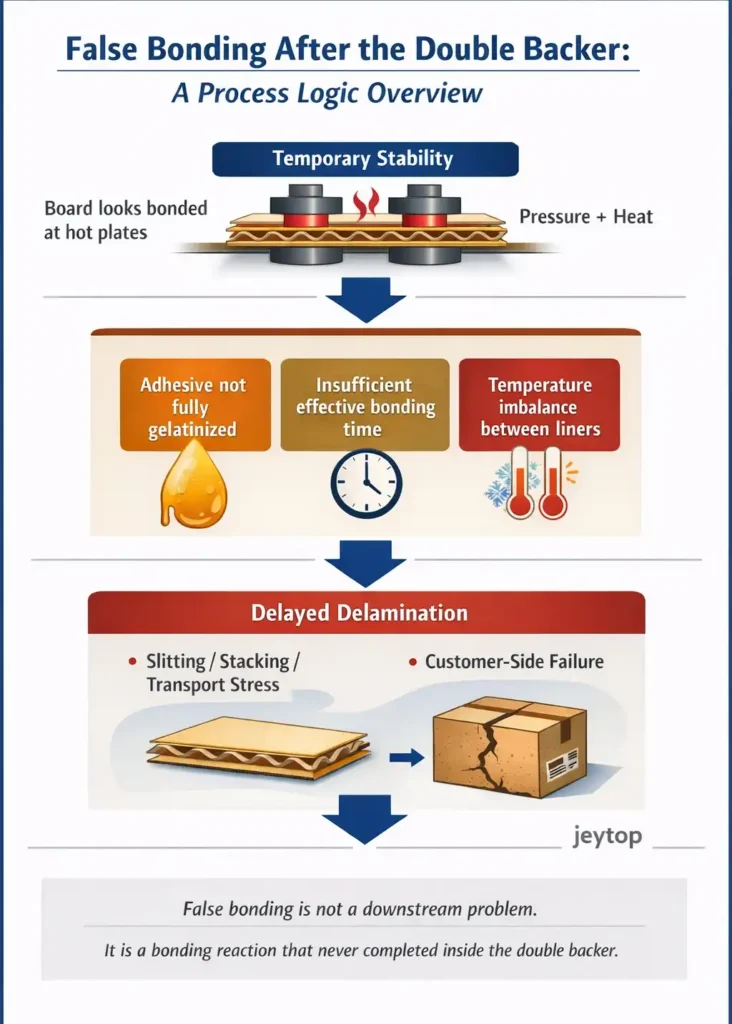 Process diagram explaining false bonding after the double backer and delayed delamination