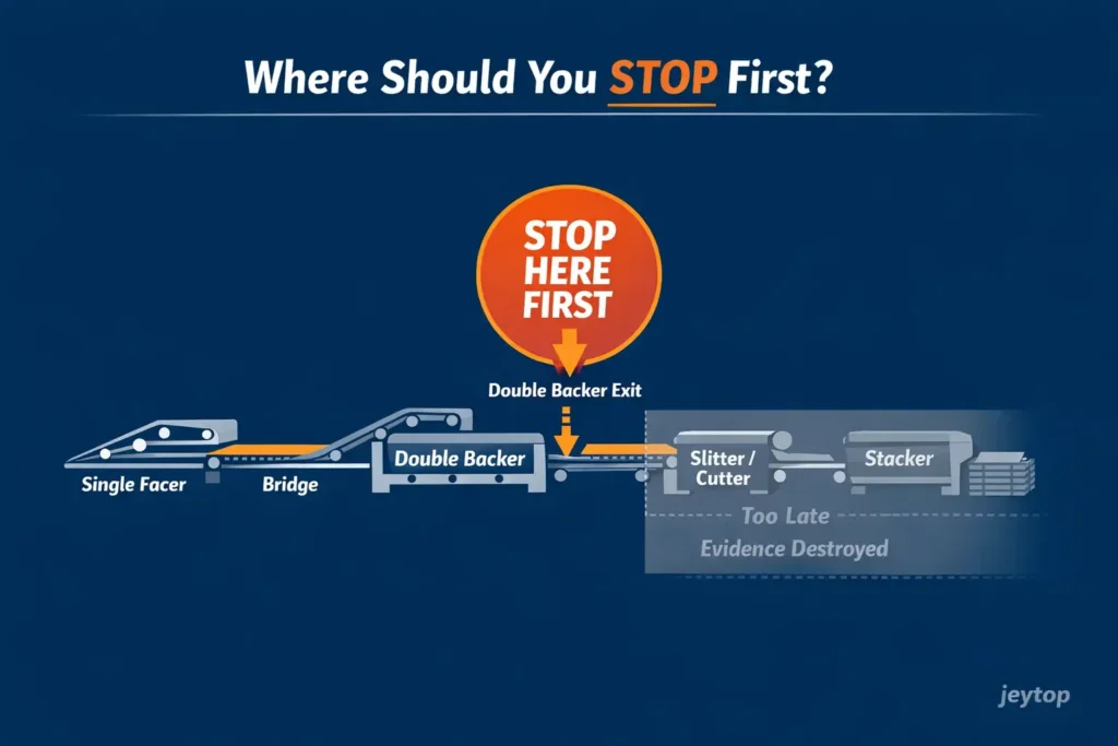 Correct stop location for high speed full width delamination on a corrugator line