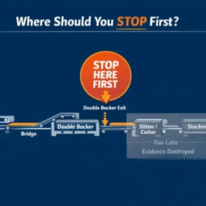 Correct stop location for high speed full width delamination on a corrugator line