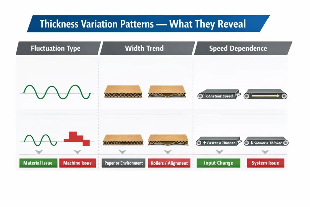 Corrugated board thickness variation patterns for troubleshooting