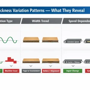 Corrugated board thickness variation patterns for troubleshooting