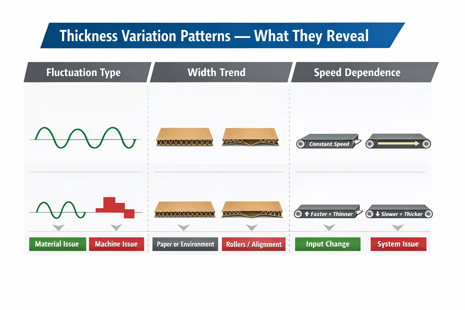 Corrugated board thickness variation patterns for troubleshooting