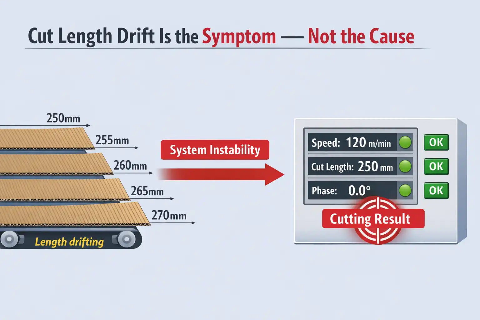 Corrugator cut length drifting while cutter parameters remain unchanged