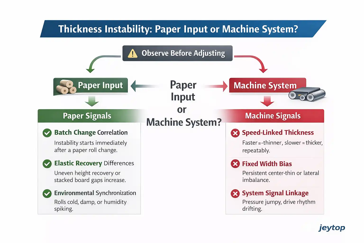 Decision flow to identify paper or machine causes of board thickness instability