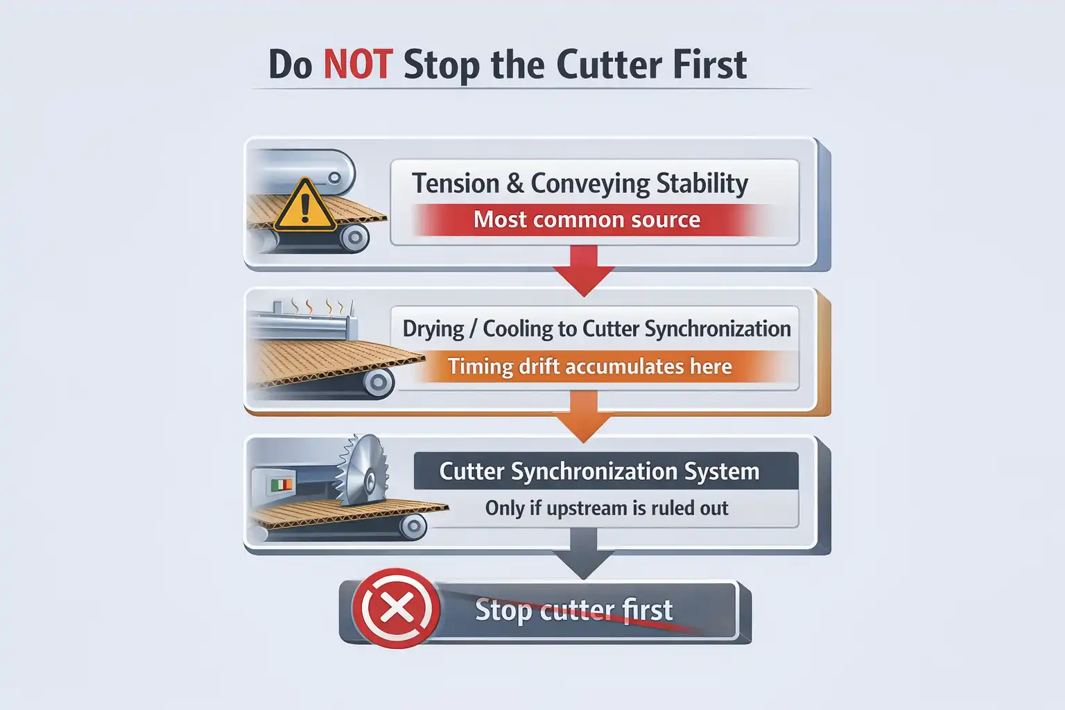 Decision order for stopping sections when cut length drift appears on corrugator line