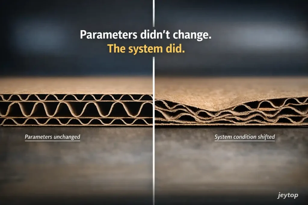 Flute collapse with unchanged machine parameters caused by system condition changes