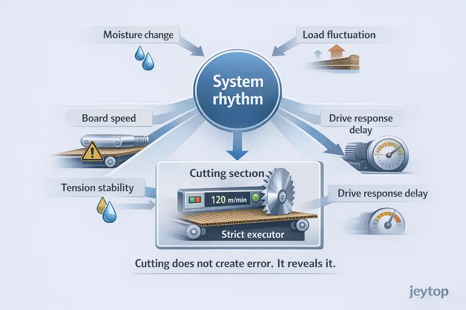 System rhythm affecting cut length accuracy on corrugator cutting section
