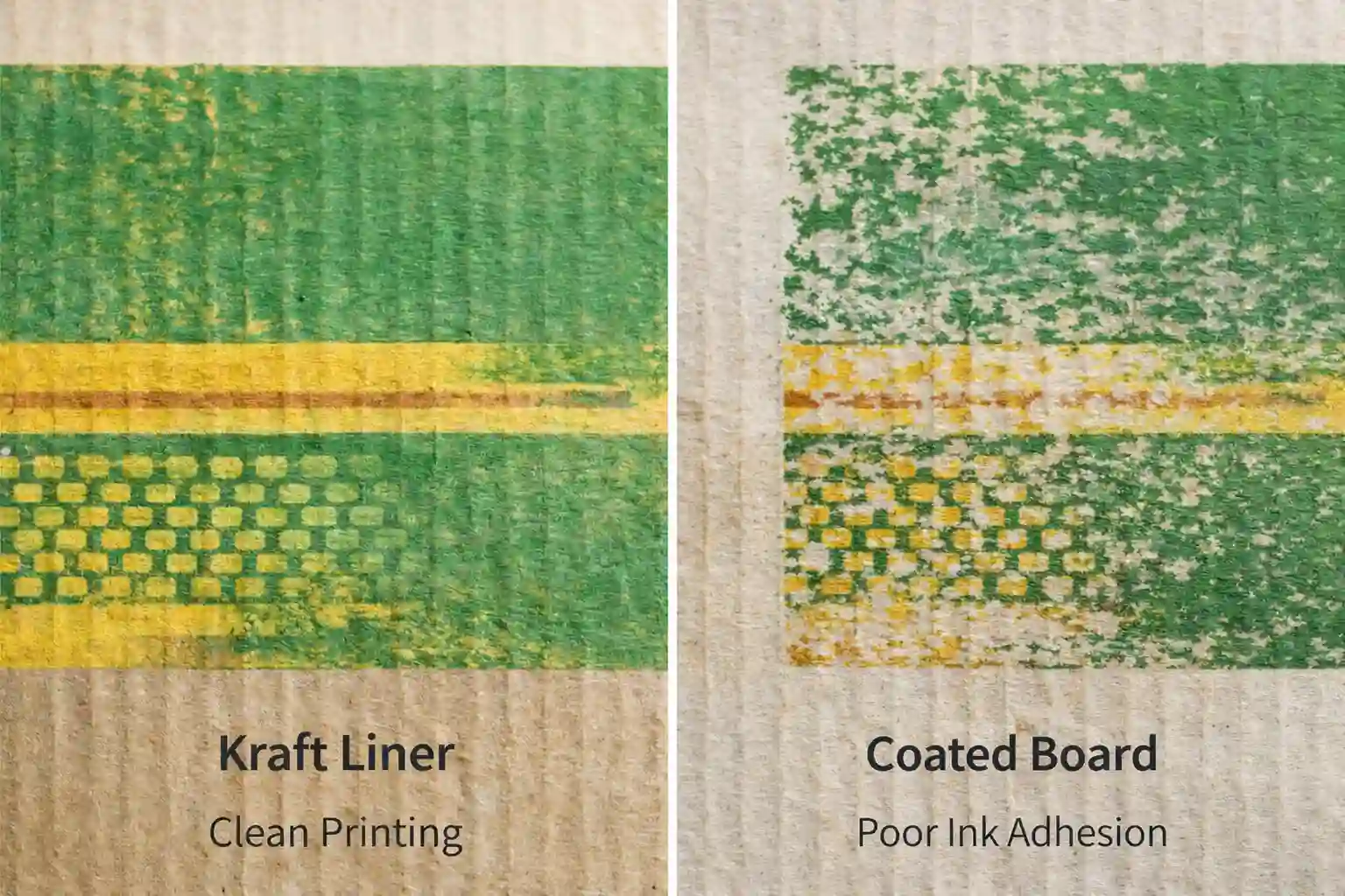 Comparison between kraft liner and coated board showing ink adhesion difference