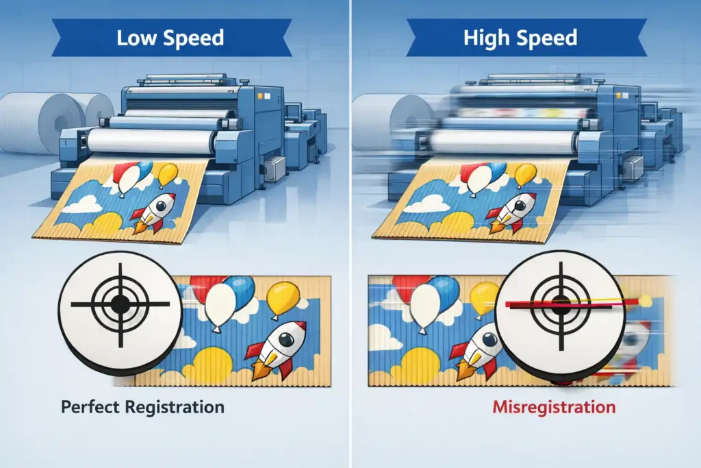 Comparison of corrugated printing registration at low speed versus high speed showing stable alignment at low speed and misregistration after speed increase