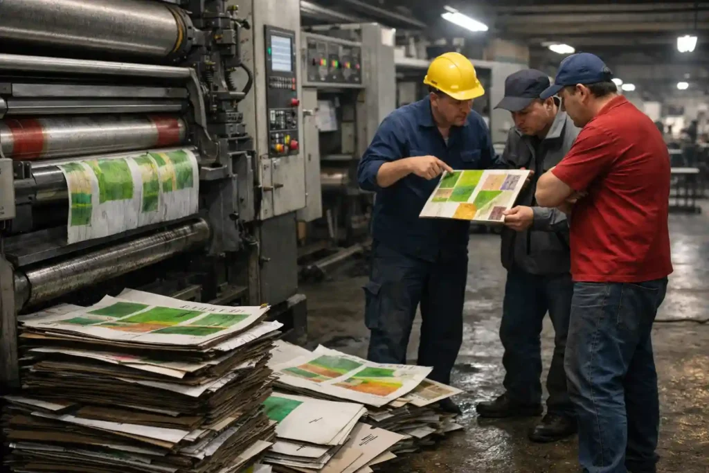 Corrugated printing operators troubleshooting quality defects beside flexographic printing machine