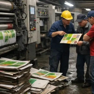 Corrugated printing operators troubleshooting quality defects beside flexographic printing machine