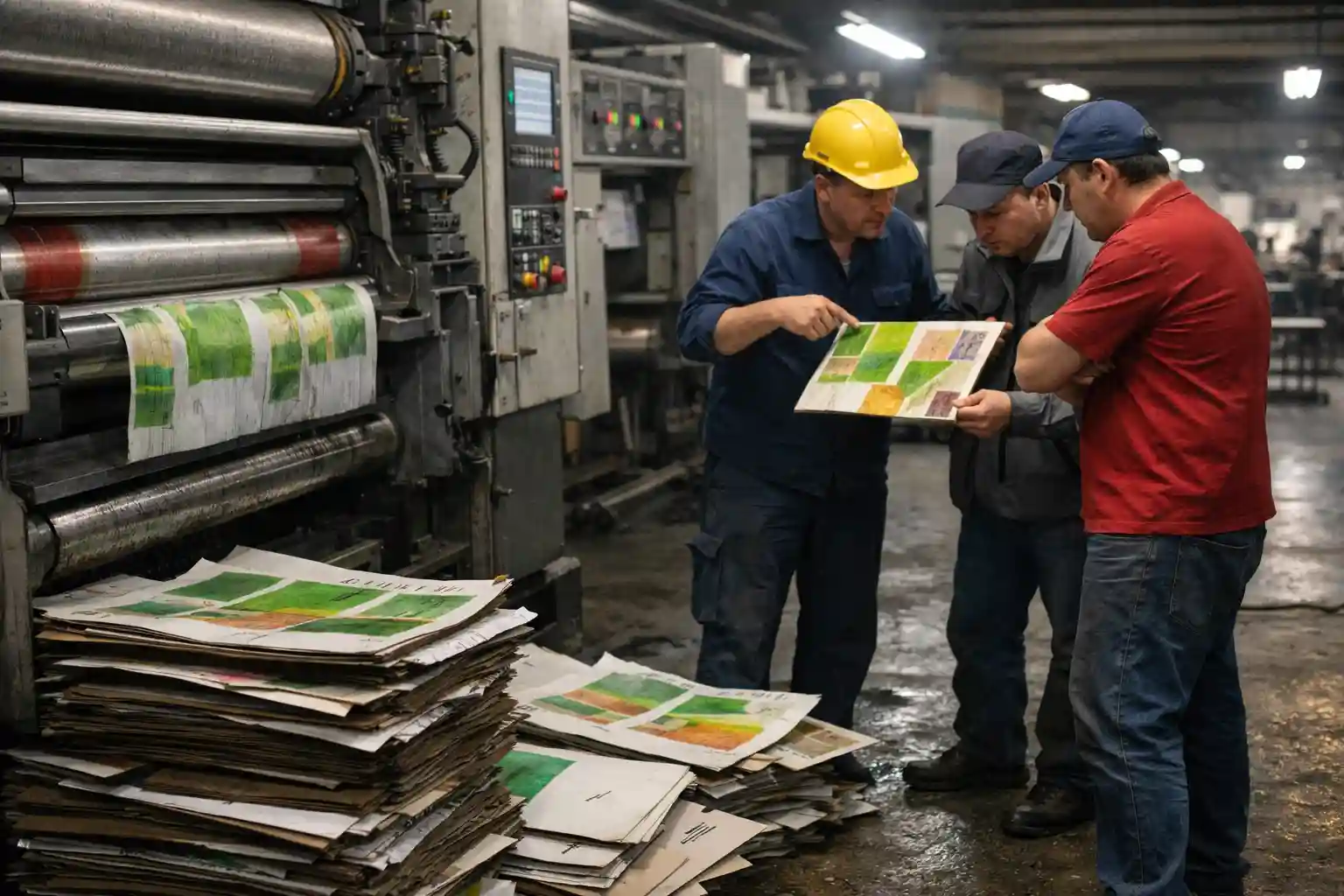 Corrugated printing operators troubleshooting quality defects beside flexographic printing machine