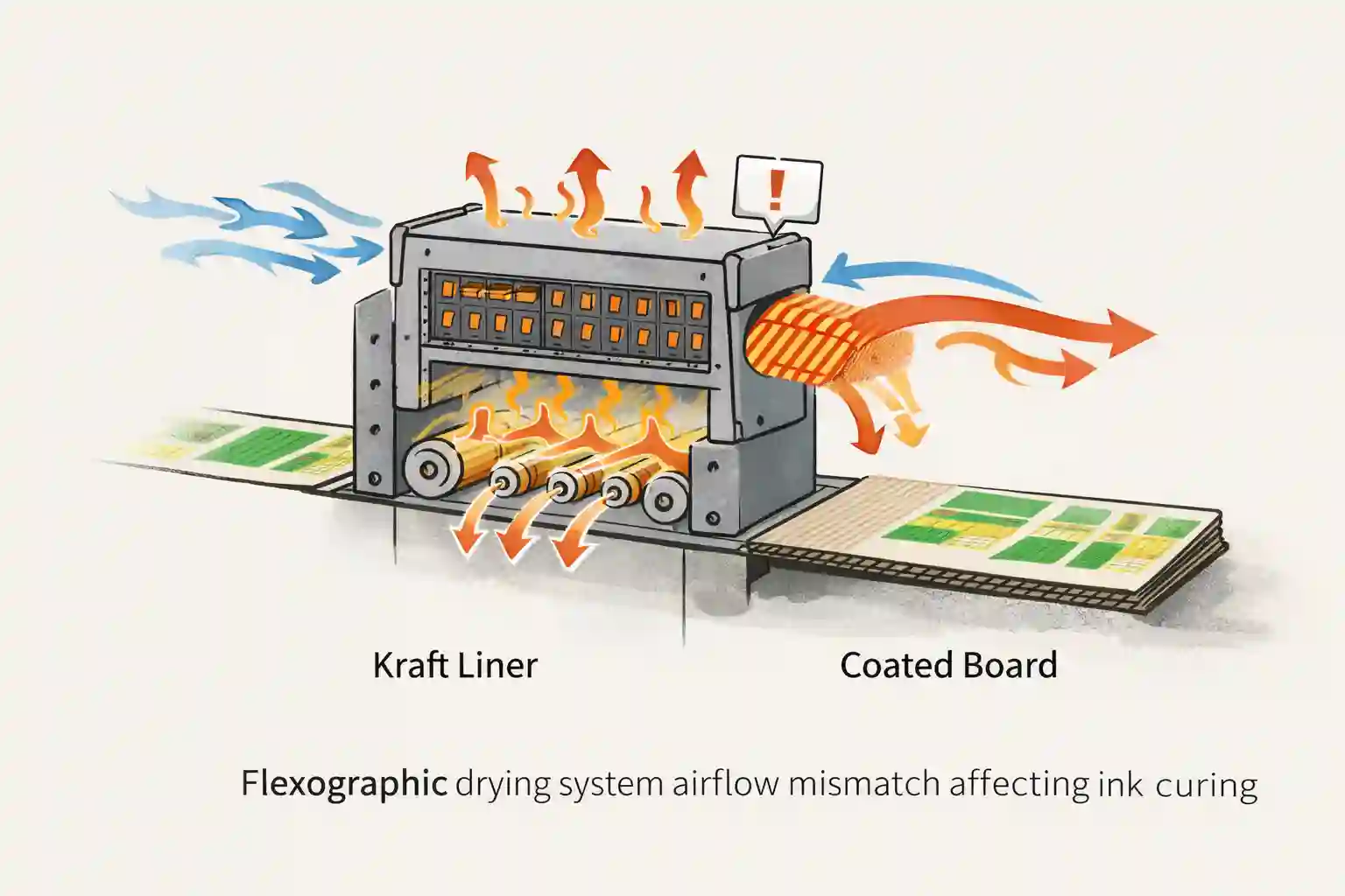 Flexographic drying system airflow mismatch affecting ink curing performance