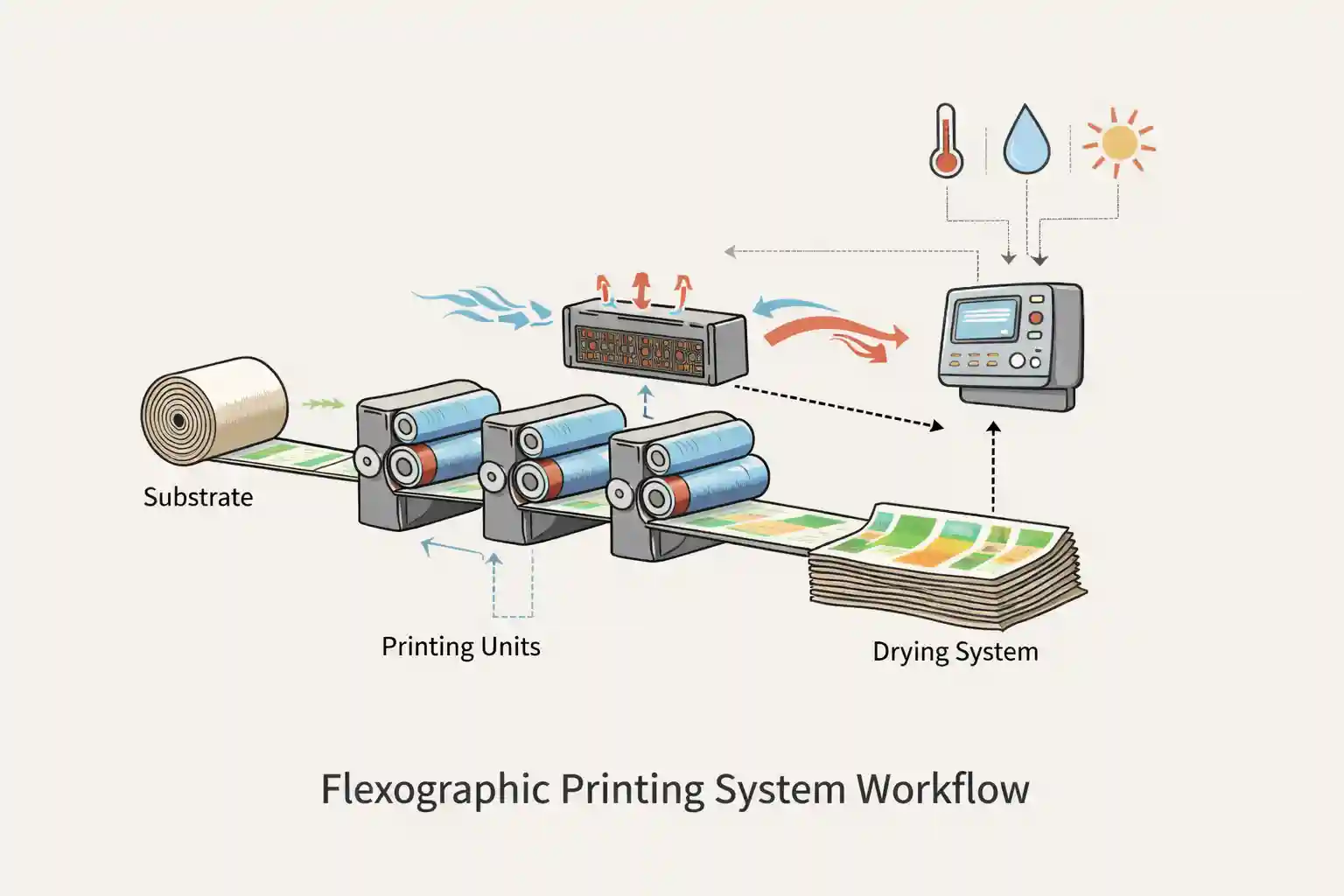Flexographic printing system workflow diagram showing mechanical, drying and substrate interaction