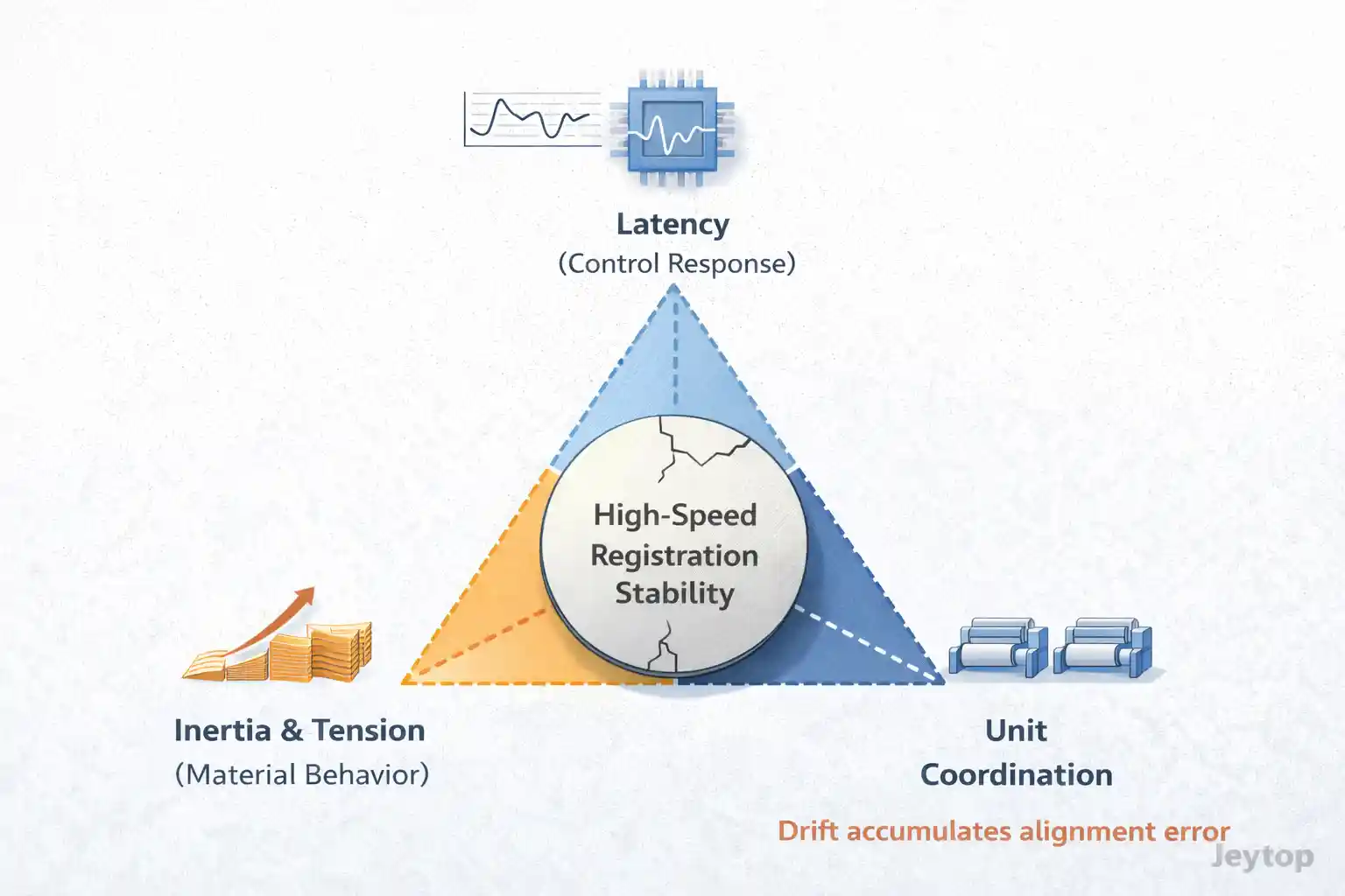 System diagram illustrating three critical variables affecting high-speed print registration stability