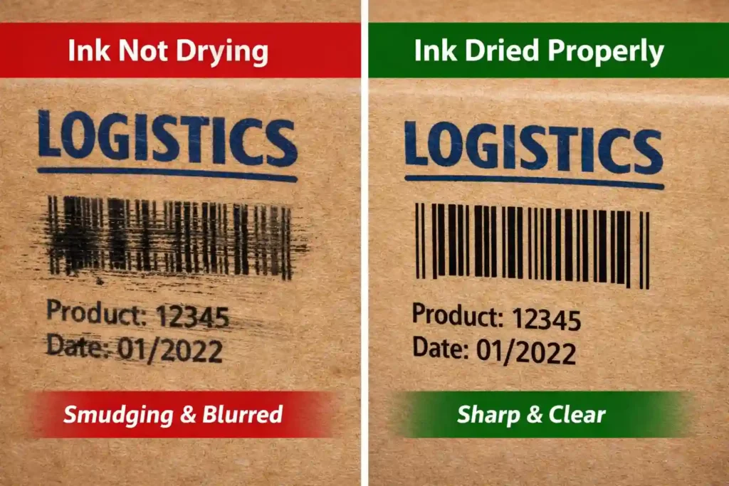 Ink not drying in flexo printing showing smudging and poor print quality on corrugated board