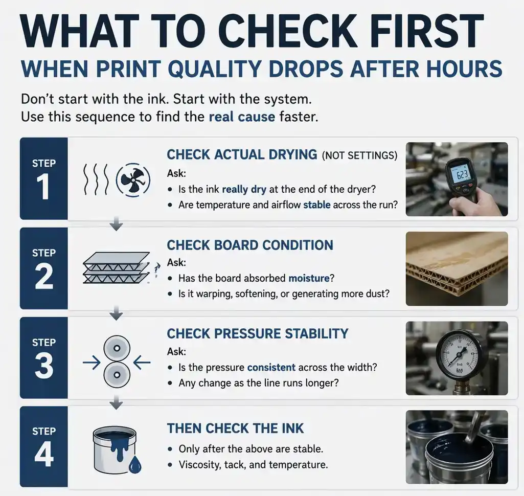 WHAT TO CHECK FIRST-WHEN PRINT QUALITY DROPS AFTER HOURS (1) diagnostic steps for flexo print quality drops during long runs - check drying first then board then pressure