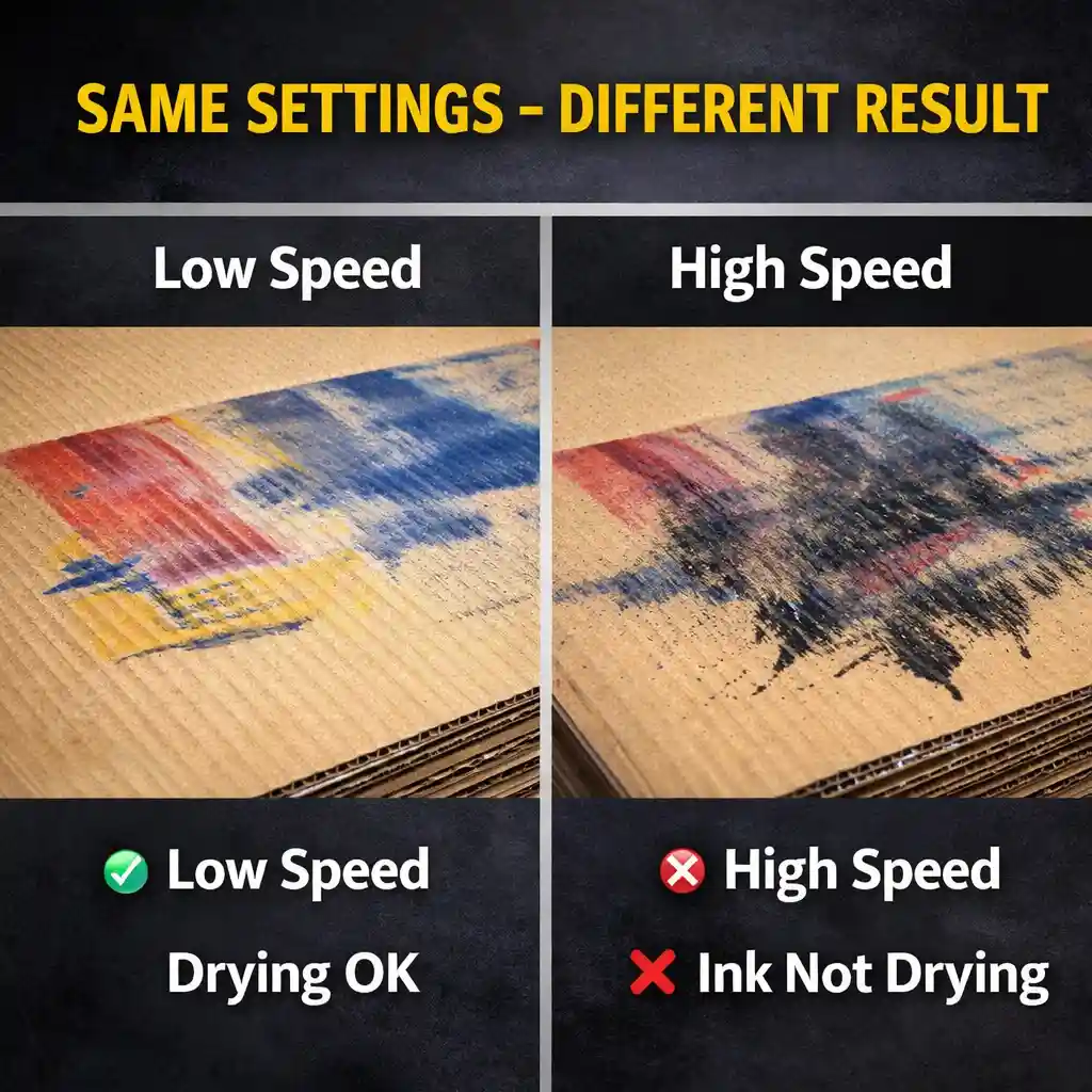 Comparison of ink drying performance at low and high speed in flexo printing showing drying failure at higher speed