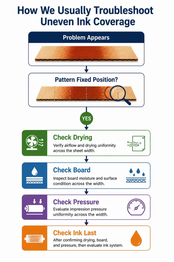 Troubleshooting sequence for uneven ink coverage in corrugated printing, starting with drying, board condition, and pressure before ink settings