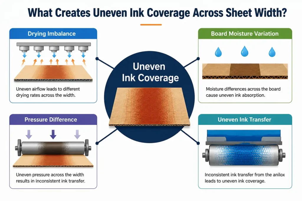 Uneven ink coverage in corrugated printing caused by drying imbalance, board moisture variation, pressure differences, and uneven ink transfer