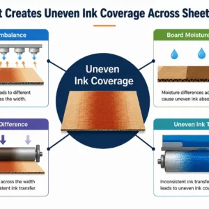 Uneven ink coverage in corrugated printing caused by drying imbalance, board moisture variation, pressure differences, and uneven ink transfer