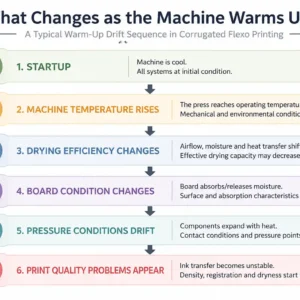 Corrugated flexo print quality warm-up drift diagram showing how drying performance, board condition, and pressure changes can lead to print quality problems after startup.