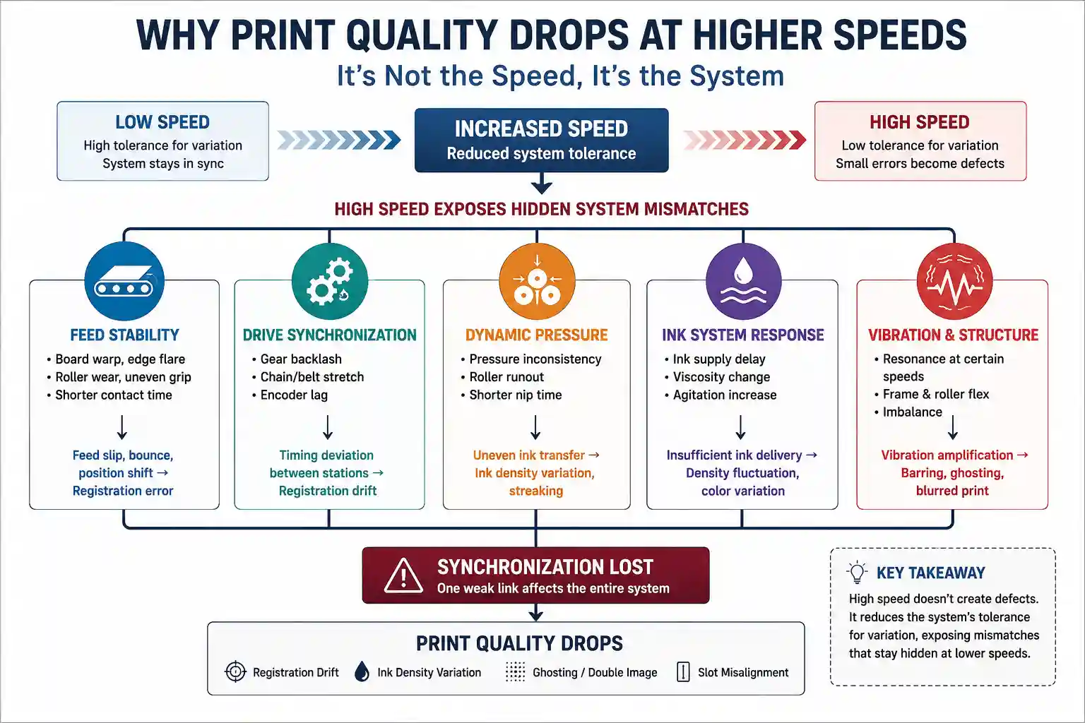 How High Speed Exposes Hidden System Mismatches in Corrugated Flexo Printing Diagram explaining how increased production speed reduces system tolerance in a corrugated flexo printing slotting machine, exposing hidden mismatches in feed, pressure, ink delivery, vibration, and drive synchronization that lead to print defects.