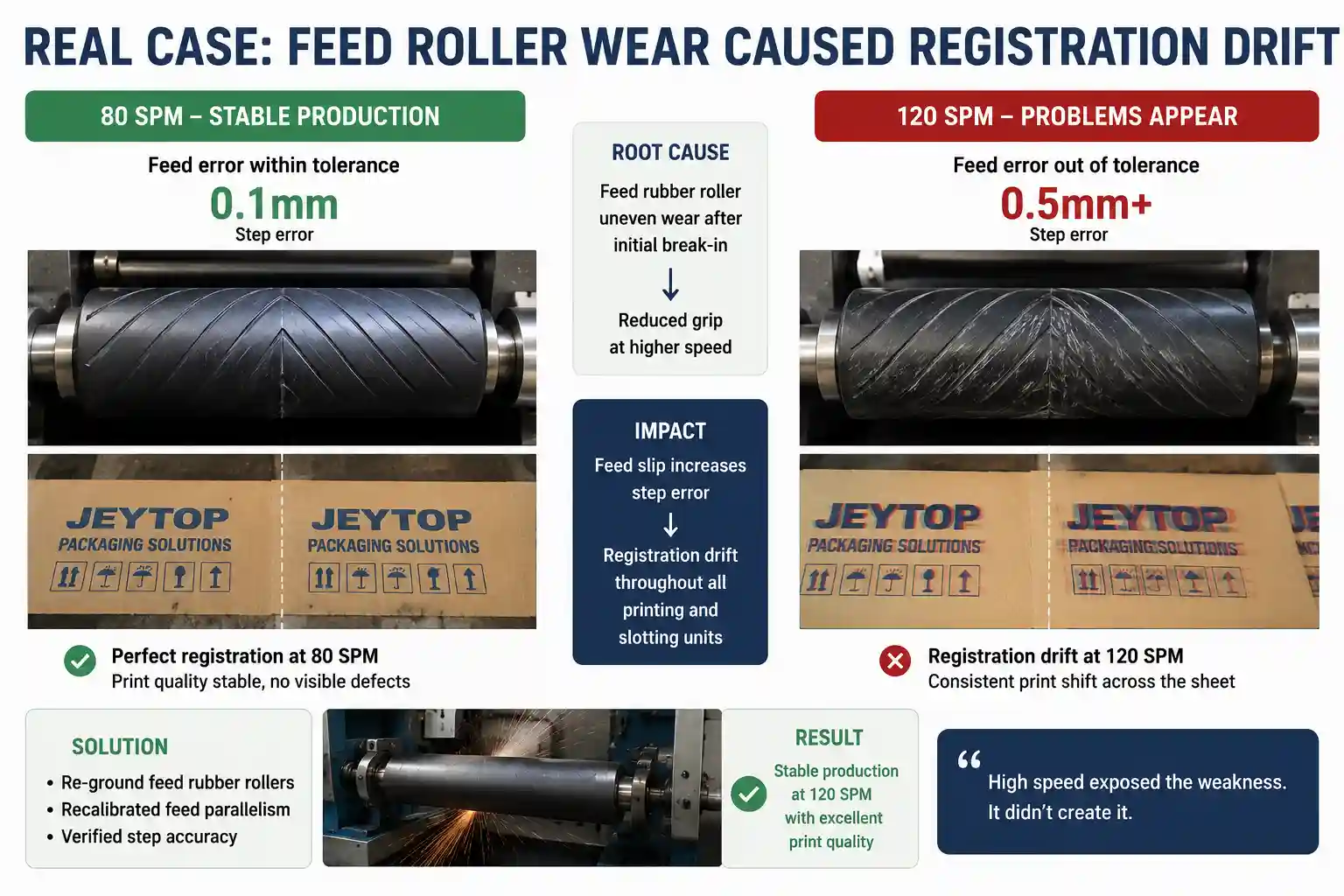 Real Case Feed Roller Wear Caused Registration Drift at High Printing Speed Real production case showing how uneven feed roller wear increased feed error from 0.1 mm at 80 SPM to more than 0.5 mm at 120 SPM, resulting in registration drift during corrugated flexo printing before roller regrinding restored stable print quality.