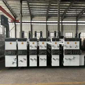 Corrugated flexo printer with seven units shown in a side view for equipment selection.