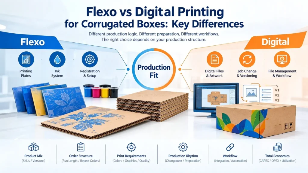 Flexo vs digital printing for corrugated boxes compared through production flow, job mix, and technology fit.
