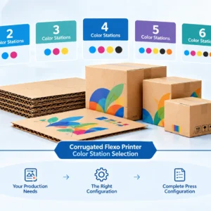 Corrugated flexo printer color stations shown as a 2–6 color choice for recurring corrugated box orders.