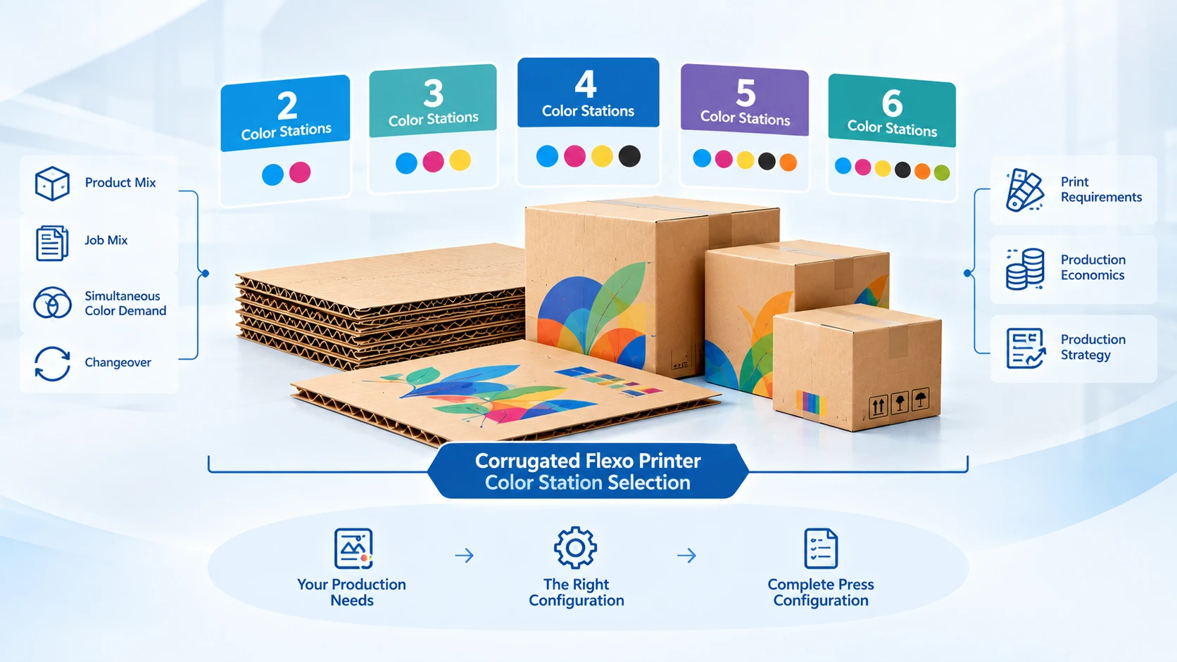 corrugated-flexo-printer-color-stations-guide Corrugated flexo printer color stations shown as a 2–6 color choice for recurring corrugated box orders.